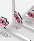 50 Lb Welding Magnets in multi-angle use at 45, 90, and 135 degrees on metal frame for secure holding.