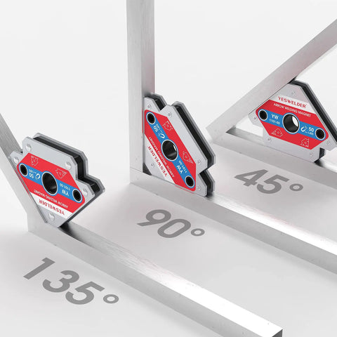 50 Lb Welding Magnets in multi-angle use at 45, 90, and 135 degrees on metal frame for secure holding.