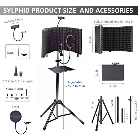 Microphone Isolation Shield With Pop Filter And Stand Plus Phone Clip For Recording Podcasting Streaming Singing And YouTube Videos Foldable Triple Layer Sound Proofing For Studio Use Black, featuring product dimensions and accessories.