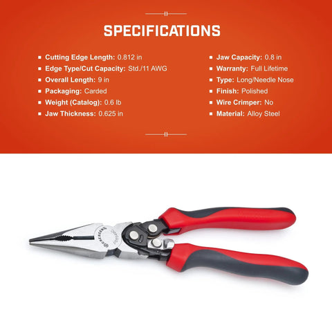 Pro Series 9 Inch Long Nose Pliers With Dual Material Grips And Compound Action For Fifty Percent More Cutting Power PS6549C