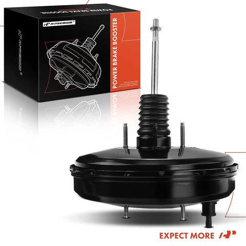 Heavy Duty Vacuum Brake Booster For Toyota Tacoma 2005 2008 2.7L 4.0L V6 Direct Fit Replacement, black steel unit, side view.