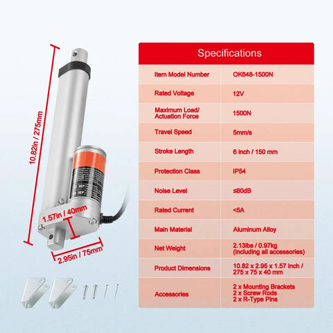 12V Linear Actuator With 6 Inch Stroke, 330 Lb Load, Quiet Under 60dB, Mounting Bracket Included, IP54 Weatherproof specs