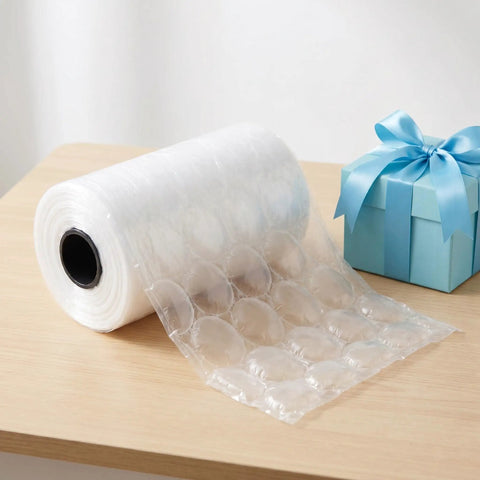 Inflatable Bubble Cushioning Roll For Shipping And Moving 984 Ft 300 M Of Air Filled Bubble Film next to a blue gift box