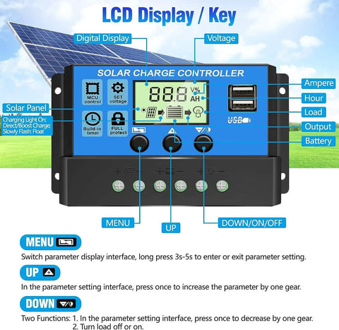Beast 30A Solar Charge Controller For 12V And 24V Systems With Adjustable LCD Display, Dual USB Ports, blue design