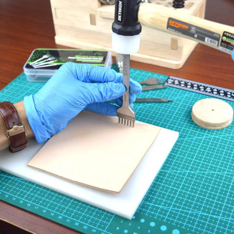 Leather Stitching Punch Set With Diamond Chisel Tools, White Steel Durability For Leather Craft DIY in use on leather piece