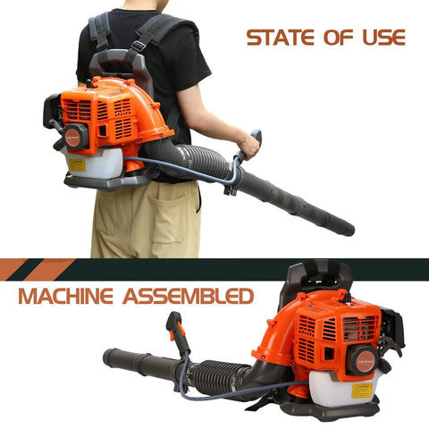 Person wearing Backpack Gas Powered Leaf Blower with 52cc 550 CFM 3HP Two Stroke Engine Air Cooled Lightweight 13.6 Lb