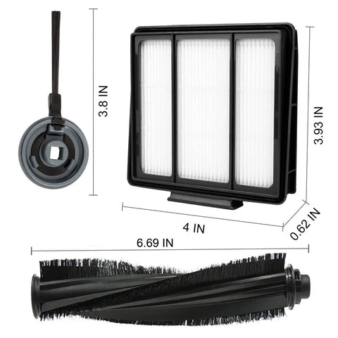 10 Pack Replacement Side Brushes And Filters For Shark ION Robot Vacuum Models R85 RV850 S86 S87 S88 R71 R72 R75 RV761 RV771 RV871 AV751 AV752 AV753 Compatible Kit showing filter and brush dimensions