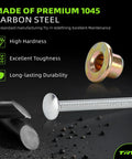 Made of premium 1045 carbon steel product image showing rivet and collar with high hardness and durability features.