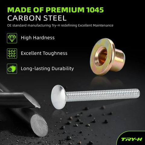 Made of premium 1045 carbon steel product image showing rivet and collar with high hardness and durability features.