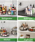 Clear Rectangular Lazy Susan Organizer For Refrigerator 13.5 By 8.5 Inches with various items in fridge, bathroom, kitchen, and cupboard.