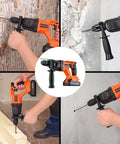 Cordless Rotary Hammer Drill With Brushless Motor 21V SDS Plus Hammer Drill One Inch Chuck Two Mode Operation Variable Speed 360 Degree Handle Includes Two 1.5Ah Batteries used on wood, concrete, and walls
