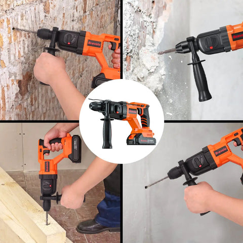 Cordless Rotary Hammer Drill With Brushless Motor 21V SDS Plus Hammer Drill One Inch Chuck Two Mode Operation Variable Speed 360 Degree Handle Includes Two 1.5Ah Batteries used on wood, concrete, and walls