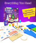 Magic Science Kit for Kids Ages 4 to 8 with 50 Plus Experiments, educational toy components and guidebook displayed.
