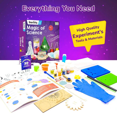 Magic Science Kit for Kids Ages 4 to 8 with 50 Plus Experiments, educational toy components and guidebook displayed.