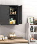 Mounted Locking Metal Wall Cabinet for Garage With Doors and Adjustable Shelf in kitchen, storing jars and food items.