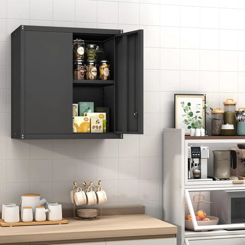 Mounted Locking Metal Wall Cabinet for Garage With Doors and Adjustable Shelf in kitchen, storing jars and food items.