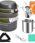 8 Piece Camping Cookware Mess Kit With Mini Backpacking Stove, Anodized Aluminum Nonstick Pots, Stainless Steel Spork and Mug
