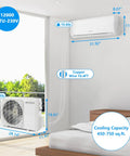 12000 BTU Mini Split Air Conditioner With Inverter 19 Seer Ductless Heat Pump showing indoor unit dimensions in bedroom setting.