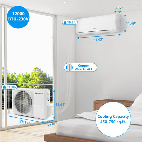 12000 BTU Mini Split Air Conditioner With Inverter 19 Seer Ductless Heat Pump showing indoor unit dimensions in bedroom setting.