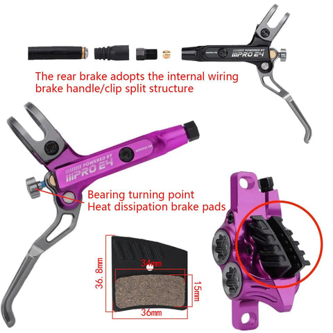 Components of Beefy E4 Hydraulic Disc Brake Set with 4 Piston MTB Brakes, including bearing point and heat dissipation pads.
