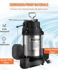1/2 HP Submersible Sump Pump with Stainless Steel Surface, Auto Float Switch, and Sturdy PVC Base on display.