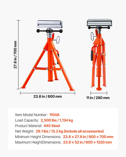 Built Tough Heavy Duty Roller Stand With Adjustable Height From Twenty Seven To Fifty Two Inches For Woodworking And Metalworking Outfeed Table showing 2500 lb capacity in orange steel.