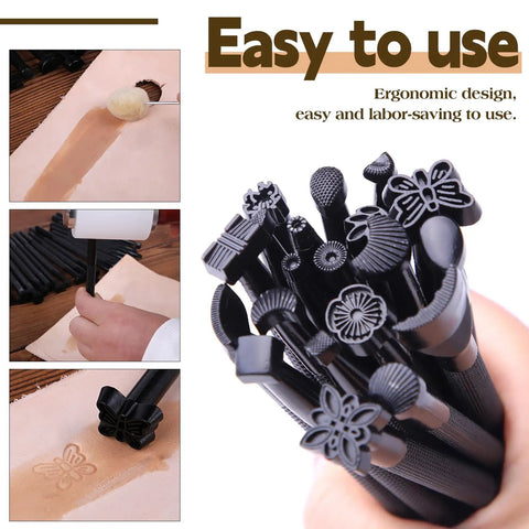20 Piece Leather Stamping Tools Set With Various Shape Stamps For Saddle Making Carving And Craft DIY Projects Great For Beginners And Pros Durable Stainless Steel Craft Tools Ideal For Leather Hobbyists And Professionals Alike.