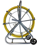 Workhorse Half Inch 1000 Foot Fiberglass Duct Rodder Kit with aluminum cage stand, wheels, and yellow fiberglass rod.