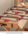 Heavy Duty Woodworking Clamp Pads 12 Pack Shield Boards From Nasty Glue Residue And Dent Marks Universal Fit on clamps in workshop setup.