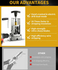 Drill Powered Wire Stripper Machine For 0.03 To 1 Inch Wires Portable Steel Frame Stripping Tool with carbide blades and hand crank option.