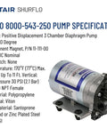 12V DC Diaphragm Pump High Flow 1.8 GPM At 50 PSI With Internal Bypass for ag sprayers and liquid transfer, shown with specifications