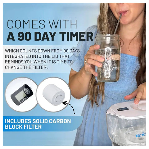 Woman using 10 Cup Water Filter Pitcher With 150 Gallon Filter Life Tritan BPA Free Removes Fluoride And Chlorine Lead And PFAS Forever Chemicals Fridge Ready White And Bamboo
