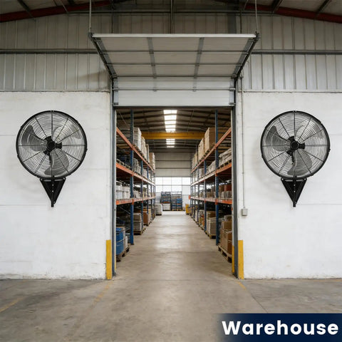 Heavy Duty 20 Inch Wall Mount Fans Set 2 Pack High Velocity Oscillating Fans installed in a warehouse, providing 6600 CFM airflow.