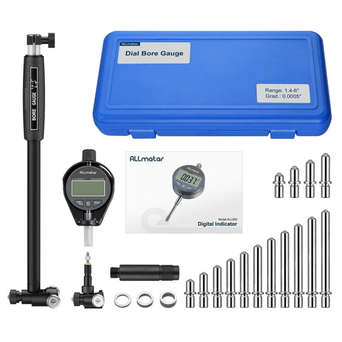 ALLmeter dial bore gauge kit with digital indicator in blue case, 15 anvils, 6-inch depth