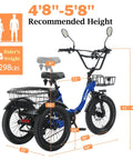 Electric Tricycle For Adults With Fat Tire Folding Three Wheel E Trike 18 Inch Wheels Peak 700W Step Through Frame Removable 468Wh Battery And Large Basket Perfect For Men And Women, dimension chart
