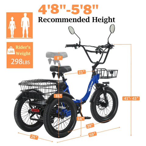 Electric Tricycle For Adults With Fat Tire Folding Three Wheel E Trike 18 Inch Wheels Peak 700W Step Through Frame Removable 468Wh Battery And Large Basket Perfect For Men And Women, dimension chart
