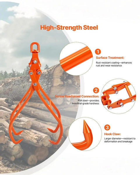 Front view: VEVOR Timber Claw Hook four-claw log grapple, orange steel, 28-inch swiveling log lifting tongs