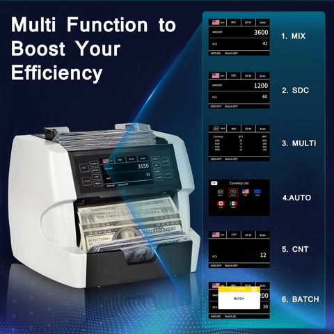 Premium Money Counter Machine For Mixed Denomination Bills, Multi Currency Support For Usd Euro Cad MxN With Advanced CishuvirMGmt Security Detection display showing functions