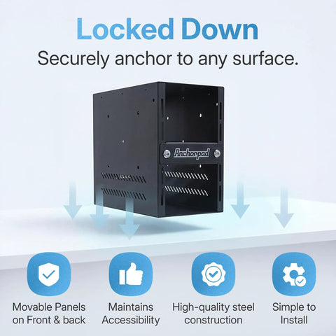 Rock Solid Gaming Console Security Enclosure And Tower Computer Lock Box with heavy duty steel, 7.5x15.6x16.5 in, mounted on a surface.
