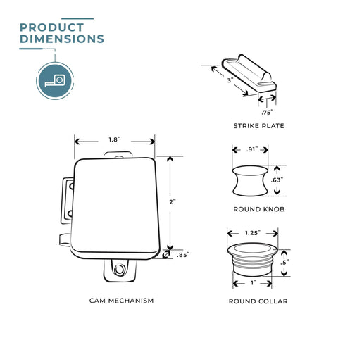 Brushed Nickel Cam Latch Assembly With Push Button RV Cabinet Knob Round Knob And Round Collar Stainless Steel Spring Construction For Rugged Durable Secure Access On The Go In RVs And Boats, dimensions diagram