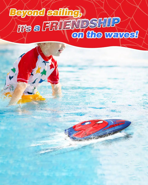 Child playing with Spider Hero RC Boat 2.4GHz Remote Control Boat With LED Lights For Kids in pool.
