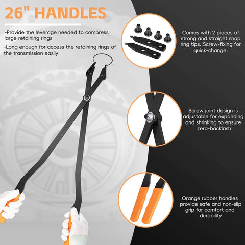 26-inch Internal Retaining Ring Pliers for GM Transmissions with straight tips and orange rubber handles, held by hands