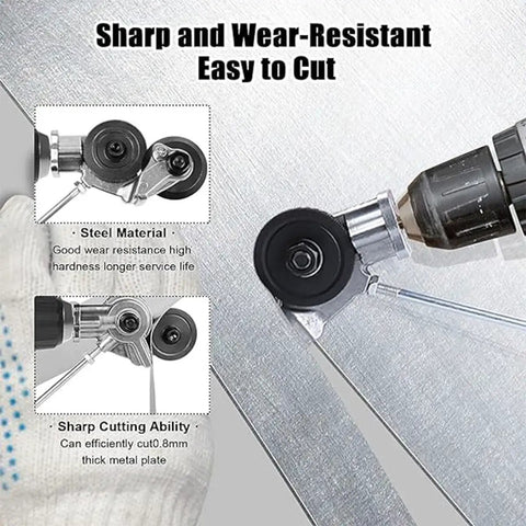 Heavy Duty Electric Drill Metal Plate Cutter Attachment For Precise Circular Holes In Sheet Steel And Aluminum Handy Portable Hole Slicer Tool cutting steel plate with sharp wheel.