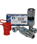 Half Inch Body With 90 Degree Elbow 1/2 In NPT Pipe Thread Flat Face Hydraulic Quick Connect Coupler For Skid Steer Attachments ISO 16028 Heavy Duty Couplings With Dust Caps TL23E, red cap shown