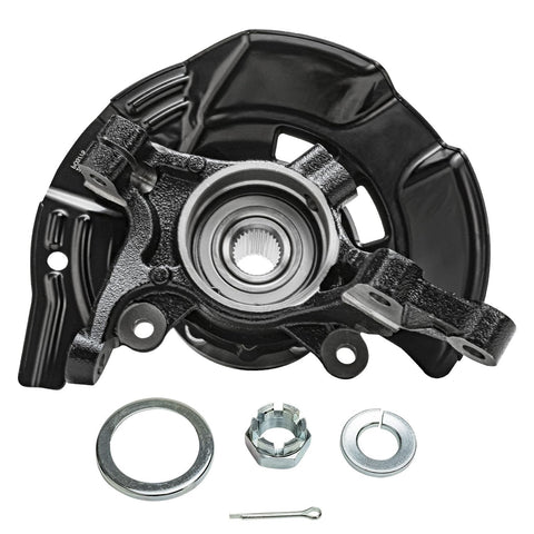 Four Piece Front Suspension Kit For 2011 Hyundai Sonata 2.0L Sport Suspension Includes Two Front Steering Knuckles, Wheel Hub Bearings, And Two Outer Tie Rod Ends Replacement For A Smooth Drop In Fit shown with steering knuckle and hardware.