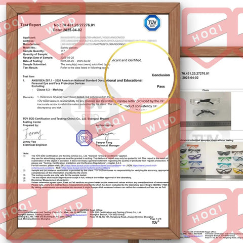 Framed certification for Bulk Safety Glasses Pack 120 Mixed Clear And Sunglasses ANSI Z87.1 next to product images.