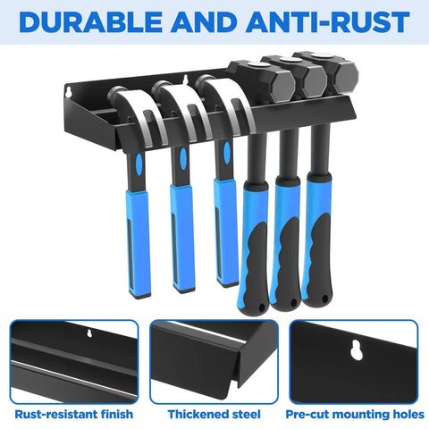 Wall Mount Screwdriver Organizer And Pliers Holder With Hammer Rack, shown holding tools, durable alloy steel construction.