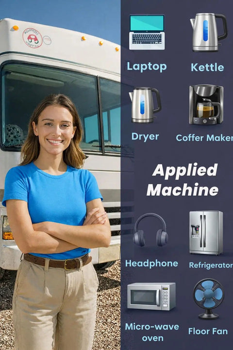 Woman standing beside RV with appliance icons, suitable for Beefy 3000 Watt Pure Sine Wave Inverter For Vehicle RV Truck And Off Grid Power.