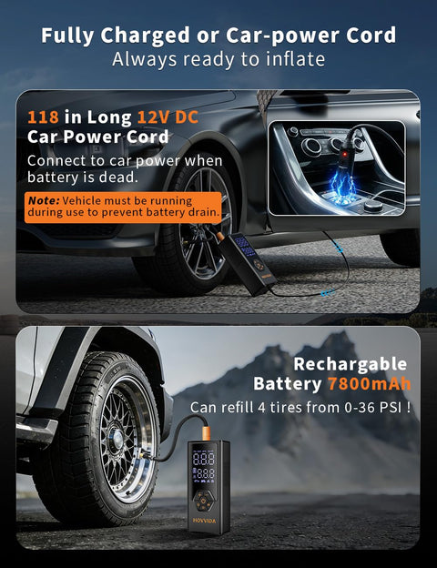 Portable Tire Inflator Air Compressor With 7800mAh Battery, 12V DC Power, 118in cord, shown inflating car tire