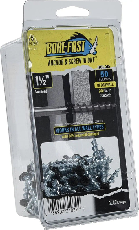 Self Drilling Drywall Anchors Set 75 Pack Holds Up To Fifty Pounds In Drywall And Two Hundred Pounds In Concrete packaging.
